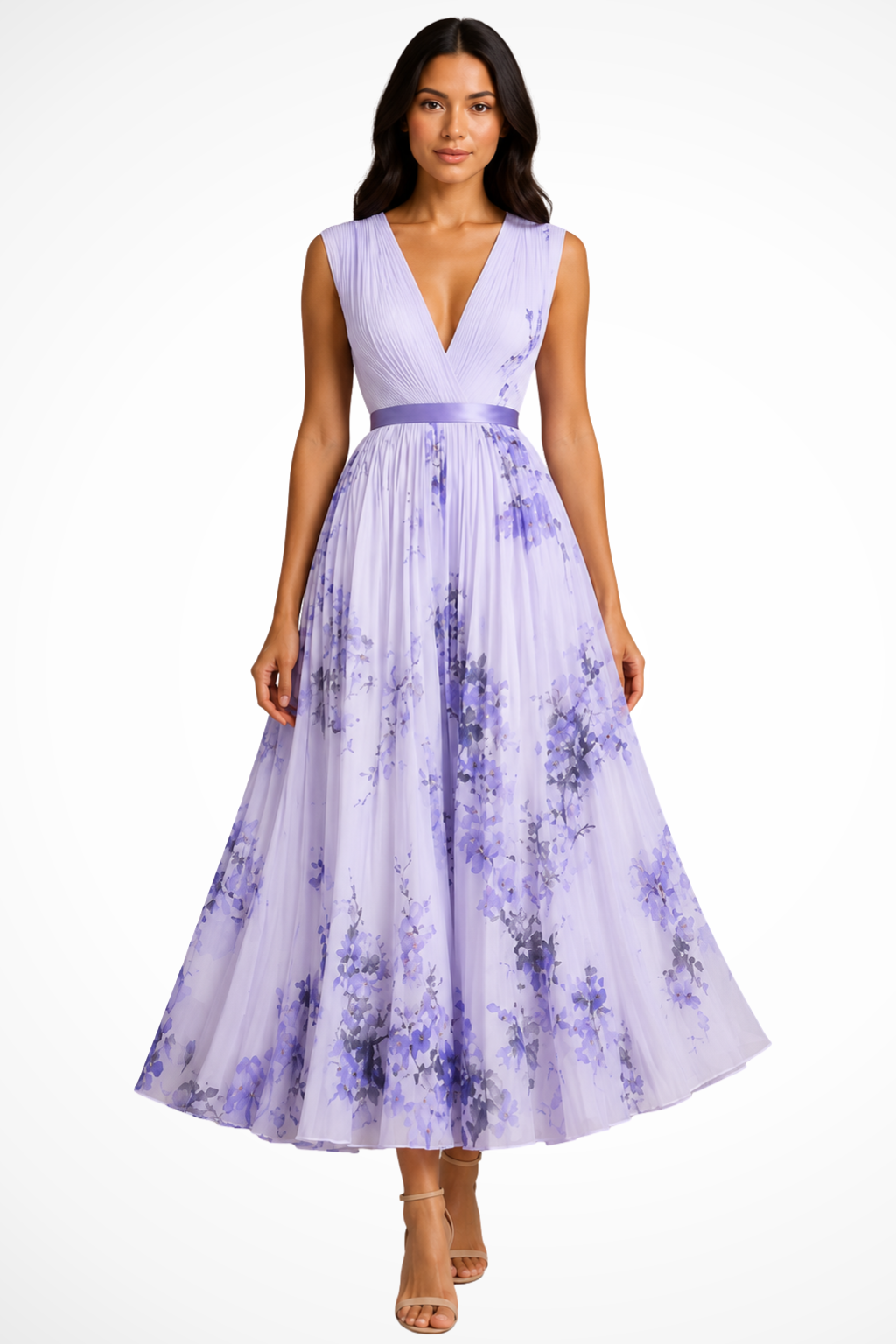 Maristella — Floral Print Midi Dress With Elegant Sleeveless V-Neck Summer Style Purple