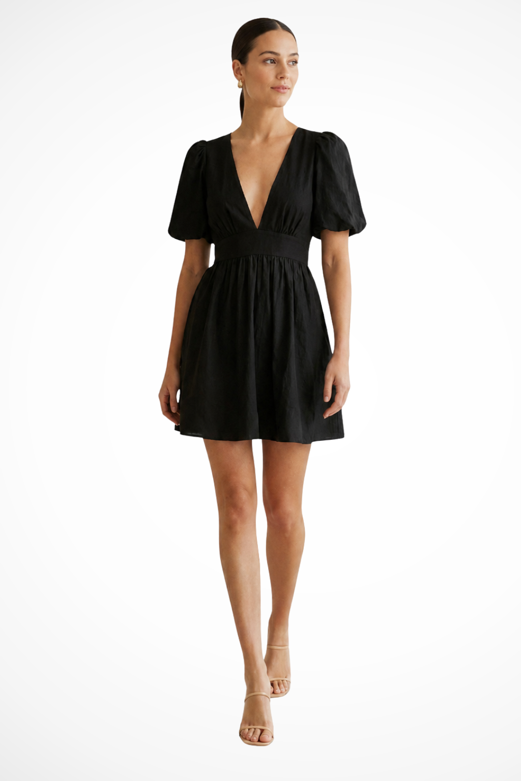 Violetta — Lightweight V-Neck Mini Dress With Elegant Puff Sleeves And Flared Skirt Black
