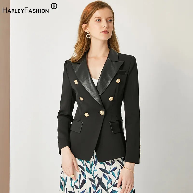 Saashi PU Leather Collar Blazer - Spring/Autumn European Design, Slim Fit, Black