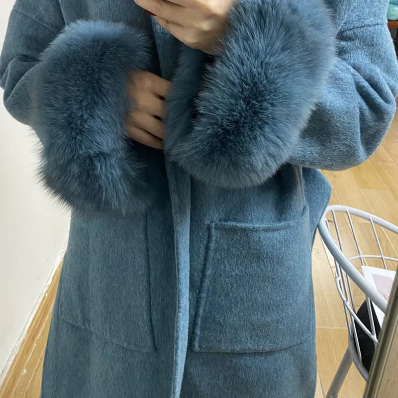Saashi High-Quality Cashmere Woolen Coat - Natural Fox Fur Outerwear