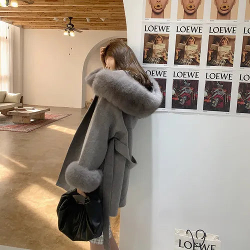 Saashi High-Quality Cashmere Woolen Coat - Natural Fox Fur Outerwear