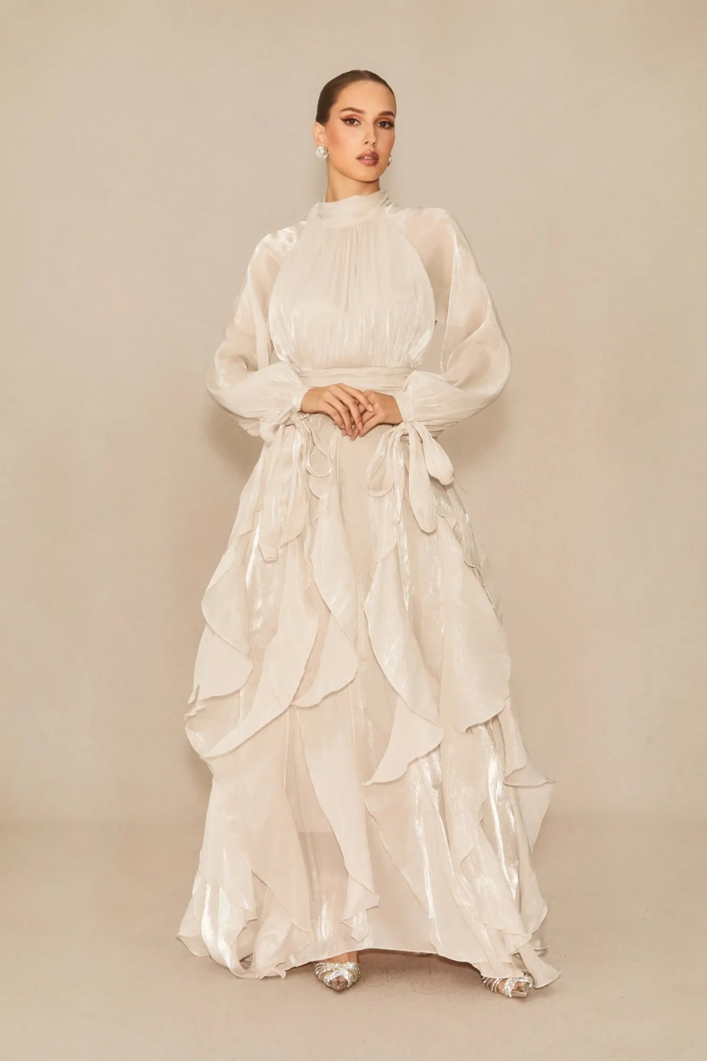 LGRQ early autumn turtleneck full sleeves shinny ruffles pullover Arabic styles floor length vacation dress female vestido