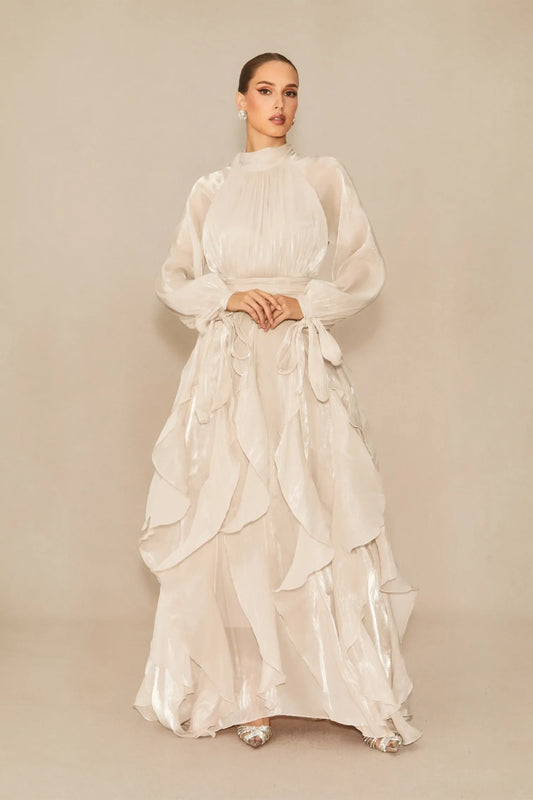 LGRQ early autumn turtleneck full sleeves shinny ruffles pullover Arabic styles floor length vacation dress female vestido