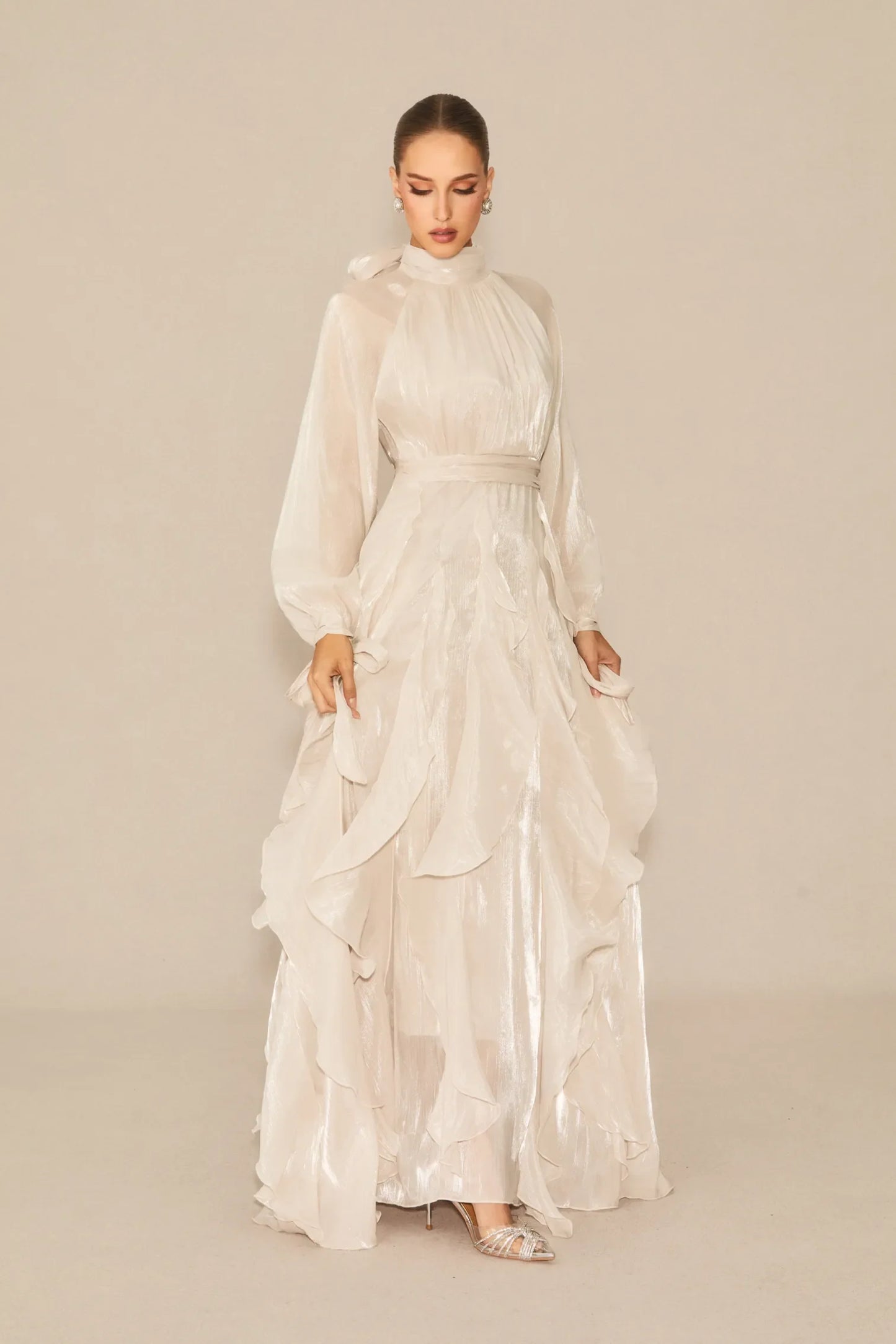 LGRQ early autumn turtleneck full sleeves shinny ruffles pullover Arabic styles floor length vacation dress female vestido