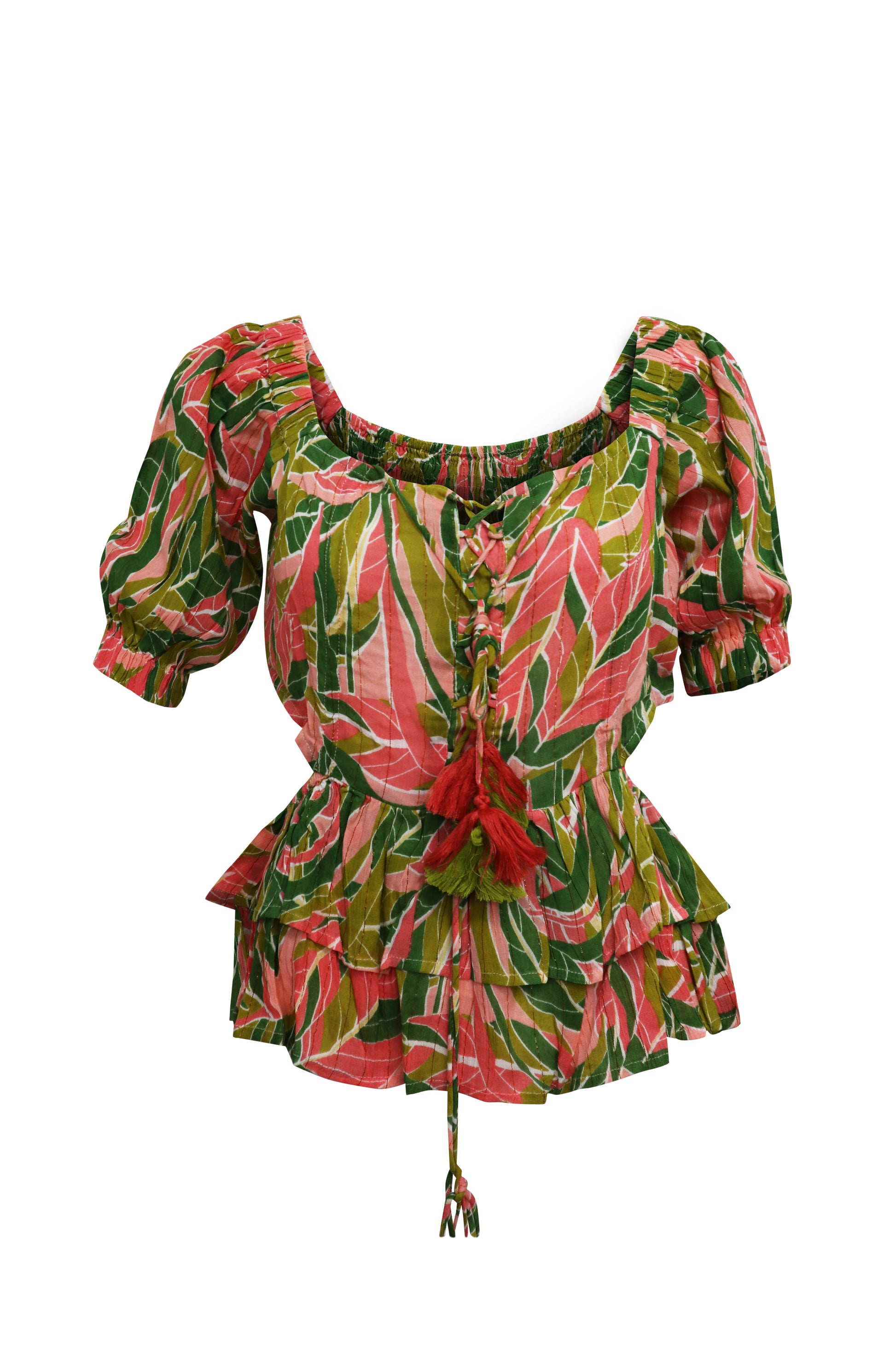 Ladies Green Peach Palm Printed Smocked Off the Shoulder Cap Sleeve Ruffle Top with Open Detail at Sides