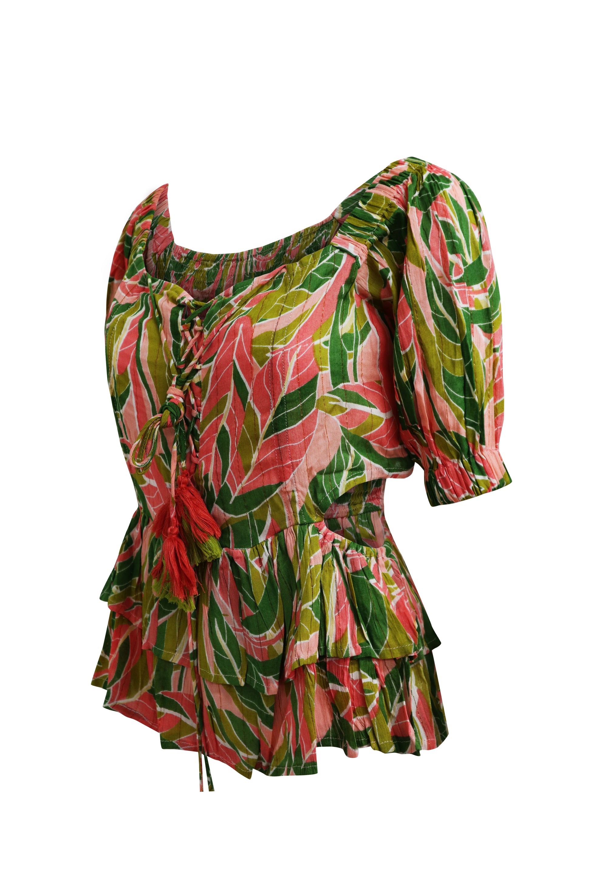 Ladies Green Peach Palm Printed Smocked Off the Shoulder Cap Sleeve Ruffle Top with Open Detail at Sides