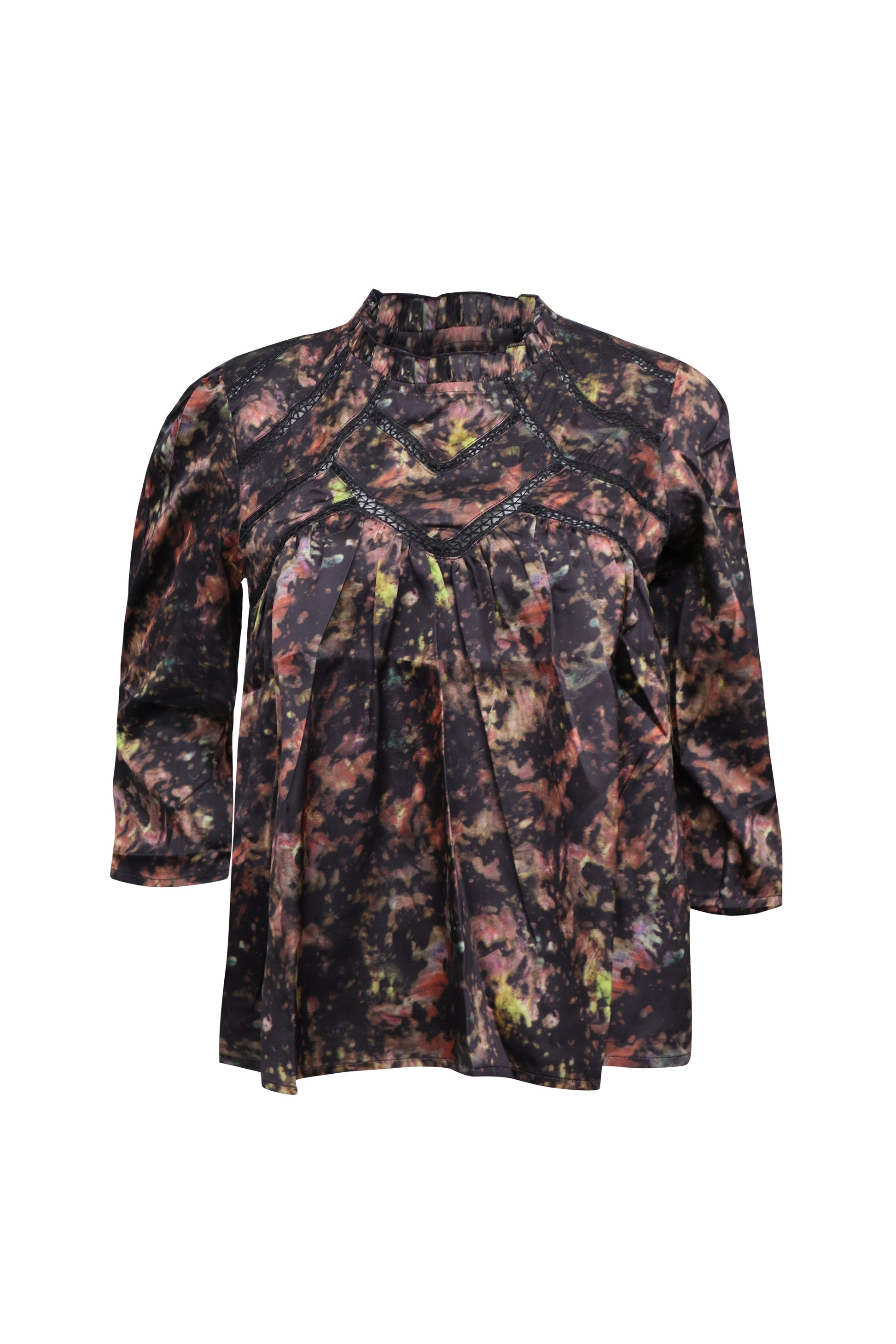 Ladies Black Geo Printed 3/4 Sleeve Crew Neck w/Lace Detail in Front Top