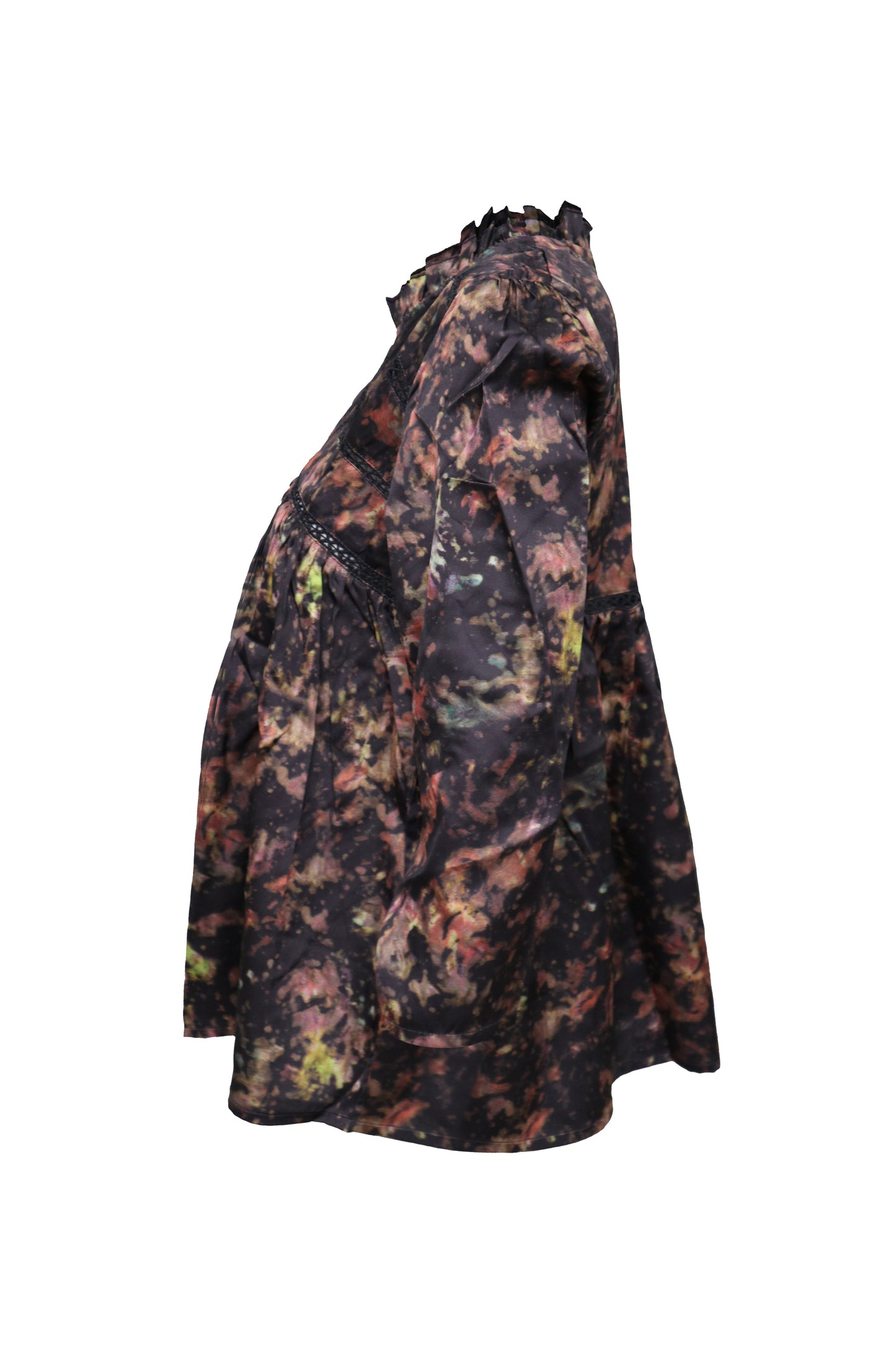 Ladies Black Geo Printed 3/4 Sleeve Crew Neck w/Lace Detail in Front Top