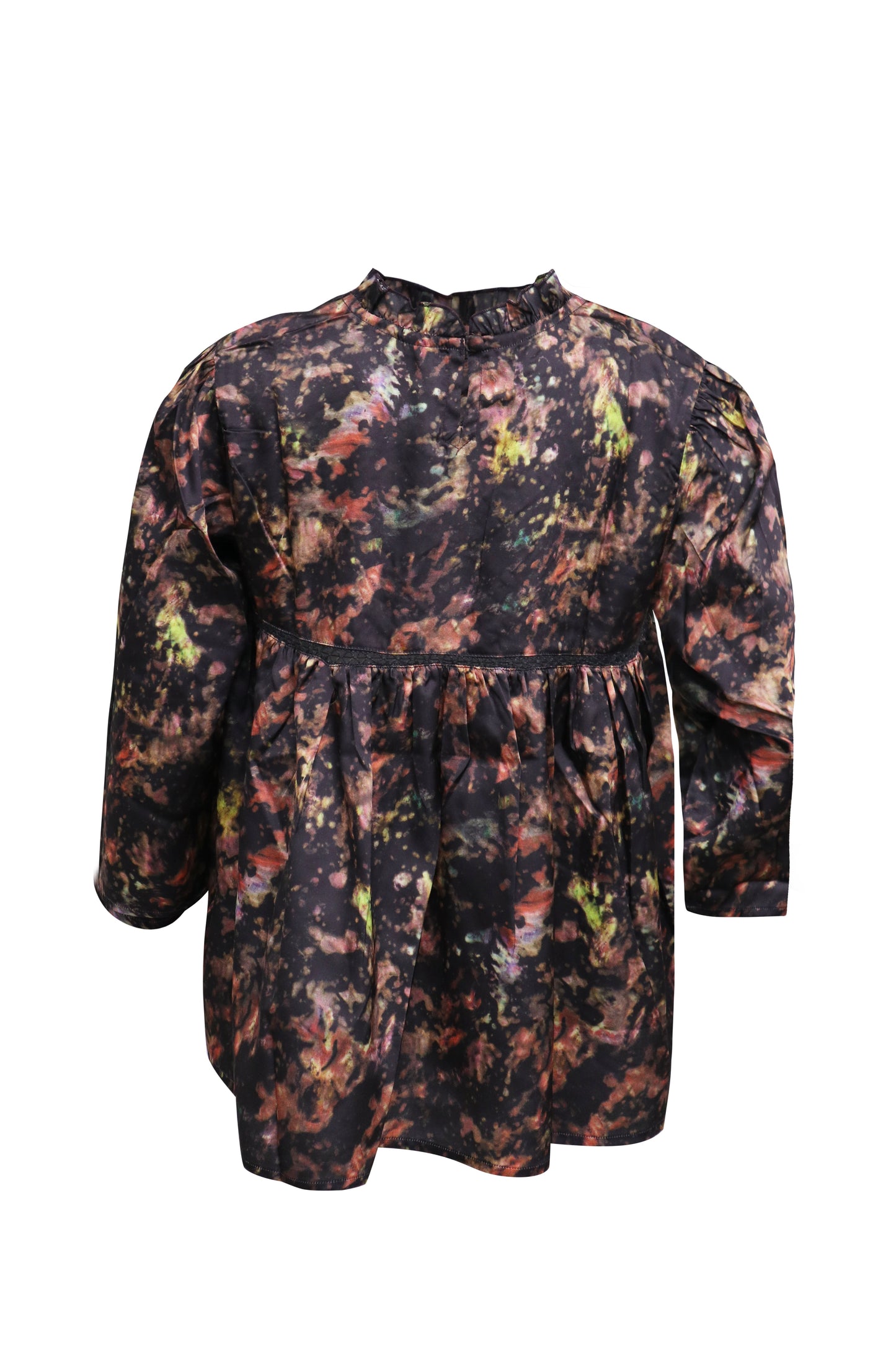 Ladies Black Geo Printed 3/4 Sleeve Crew Neck w/Lace Detail in Front Top