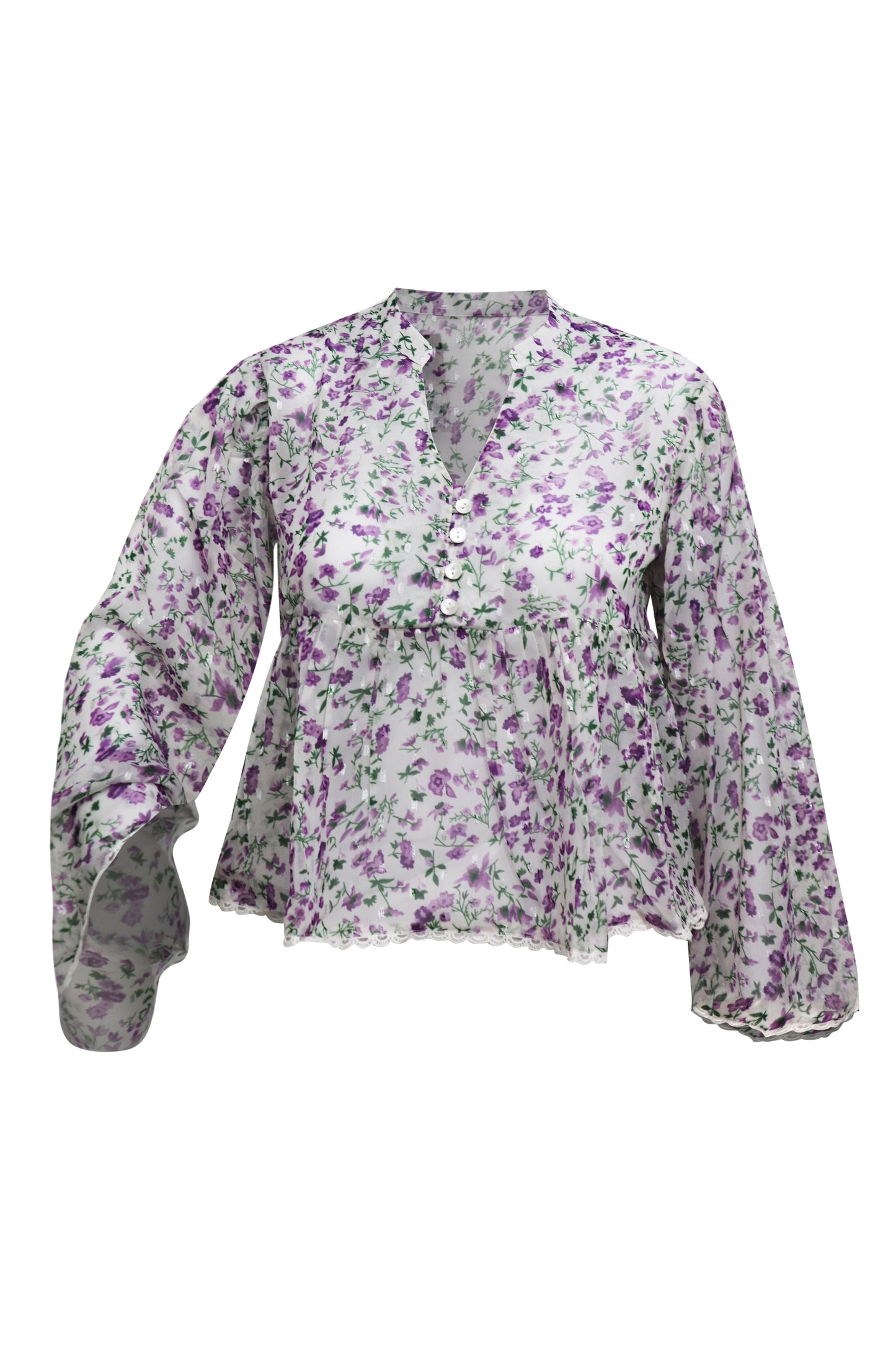 Ladies Ditsy Purple Floral Gauze Printed Baby Button Aline Long Sleeve Top
