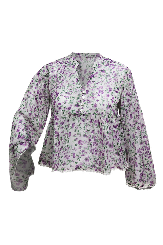 Ladies Ditsy Purple Floral Gauze Printed Baby Button Aline Long Sleeve Top