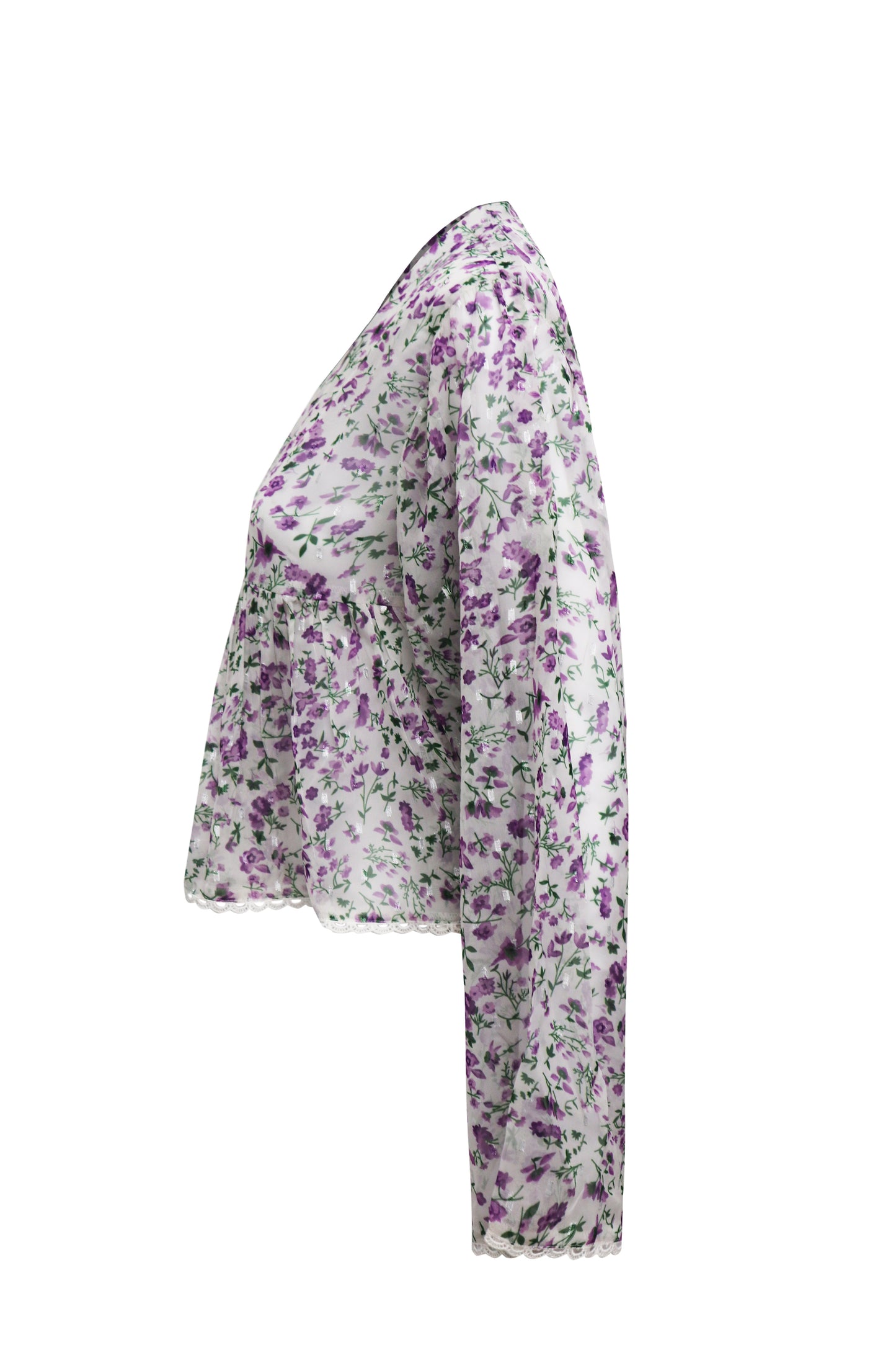 Ladies Ditsy Purple Floral Gauze Printed Baby Button Aline Long Sleeve Top