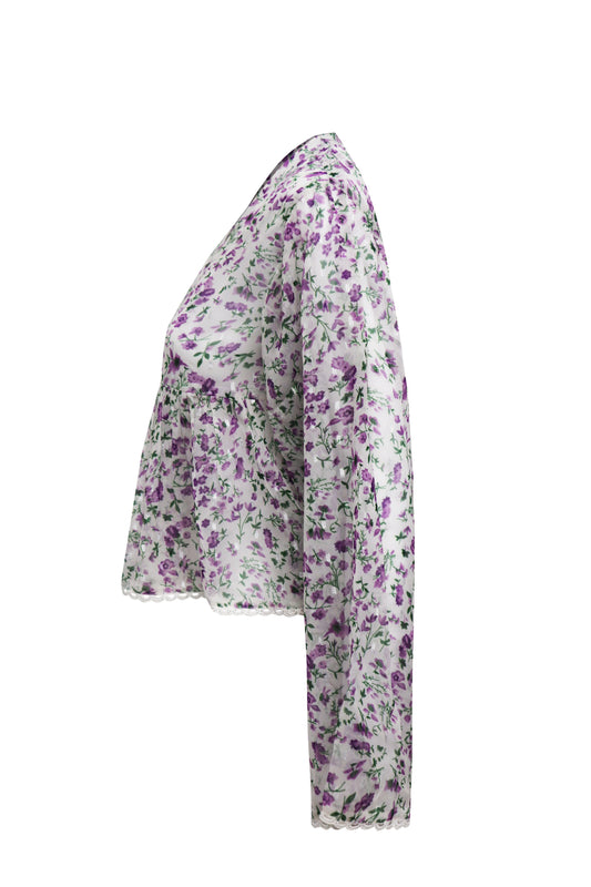 Ladies Ditsy Purple Floral Gauze Printed Baby Button Aline Long Sleeve Top