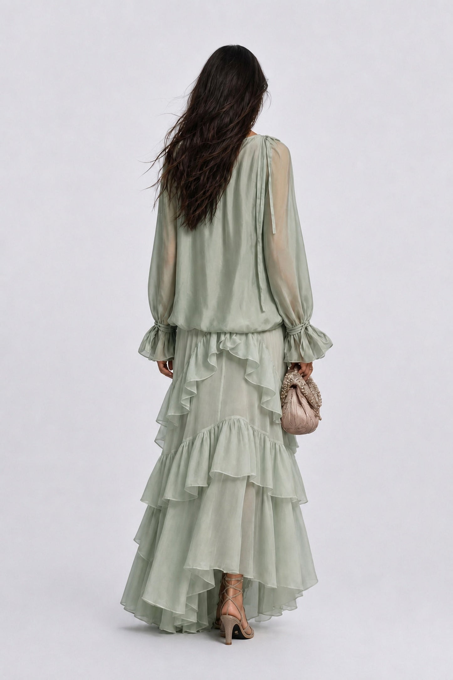 Perspective Chiffon Lace-Up Long-Sleeve Top Multi-Layer Ruffled Long Skirt Holiday Suit