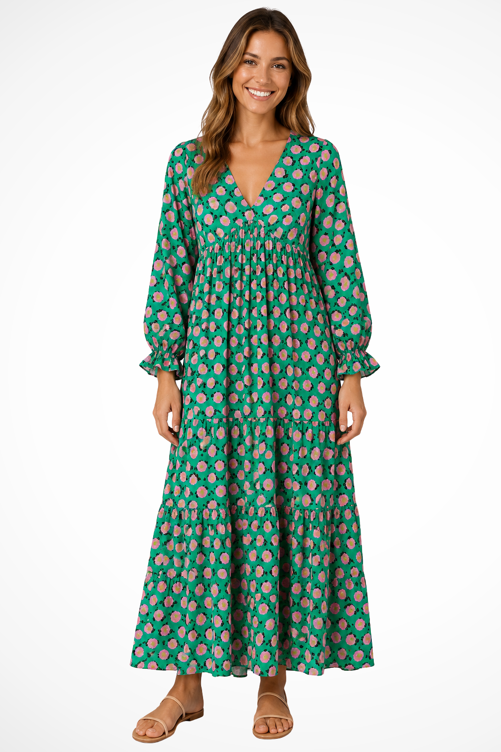 Fiorella — Lightweight Floral Tiered Maxi Dress With Relaxed Summer Fit Green and Pink