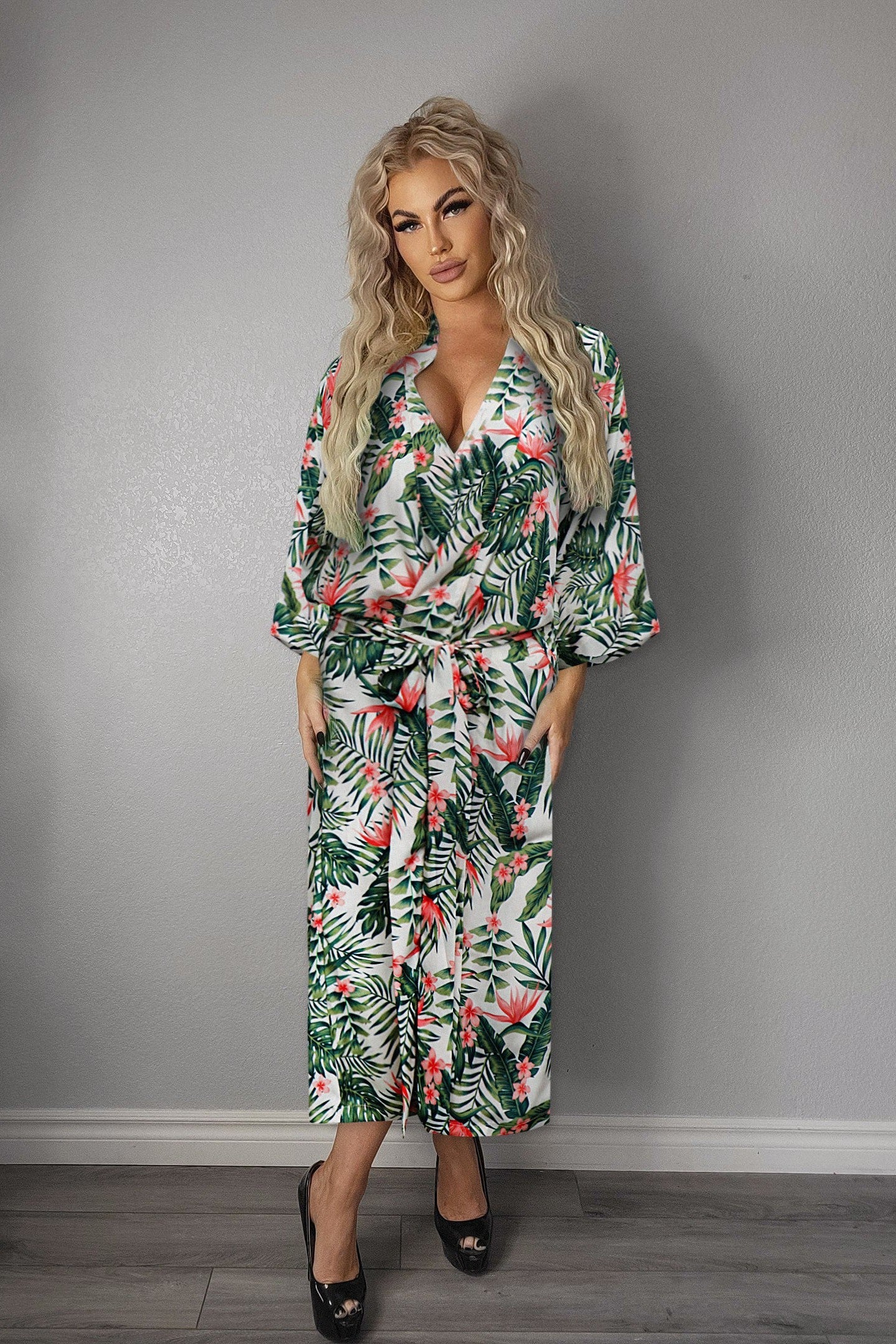 Ladies Sexy Cream Palm Floral Printed Long Robe / Cover up Cream