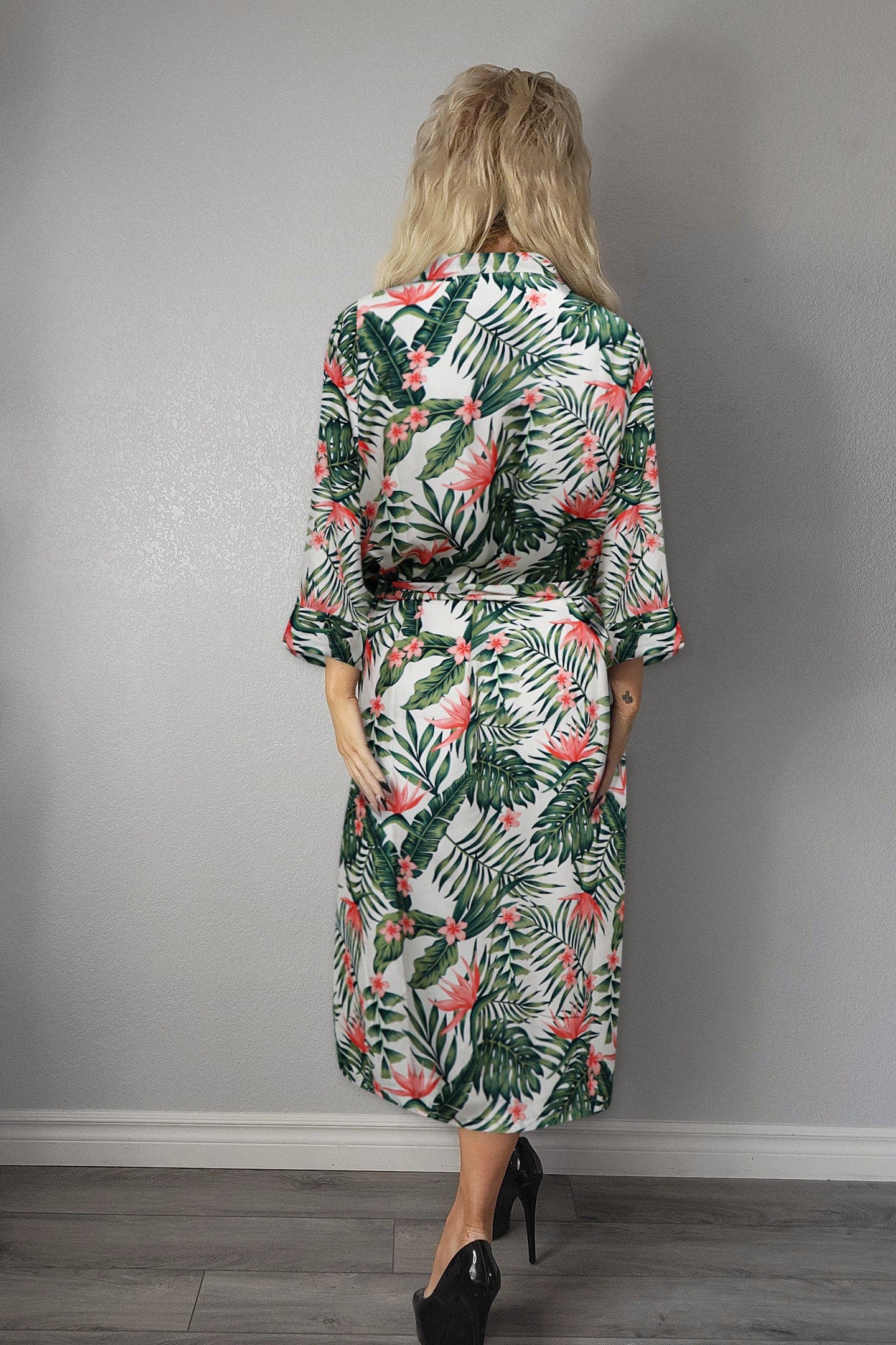 Ladies Sexy Cream Palm Floral Printed Long Robe / Cover up