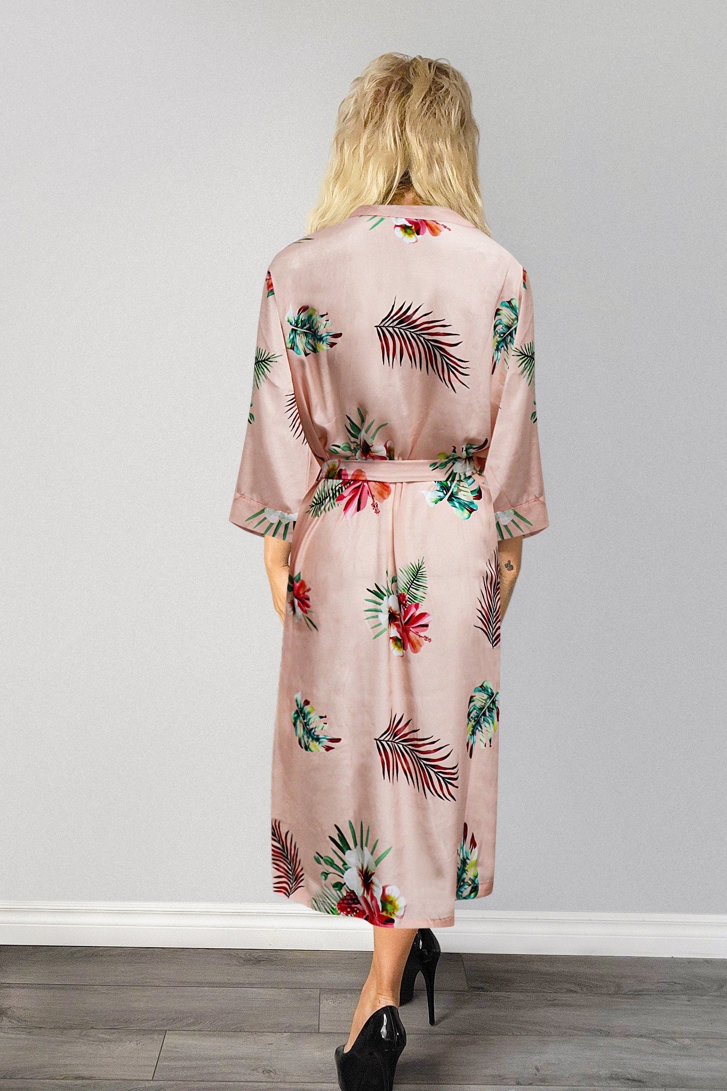 Ladies Sexy Peach Floral Printed Long Robe / Cover up