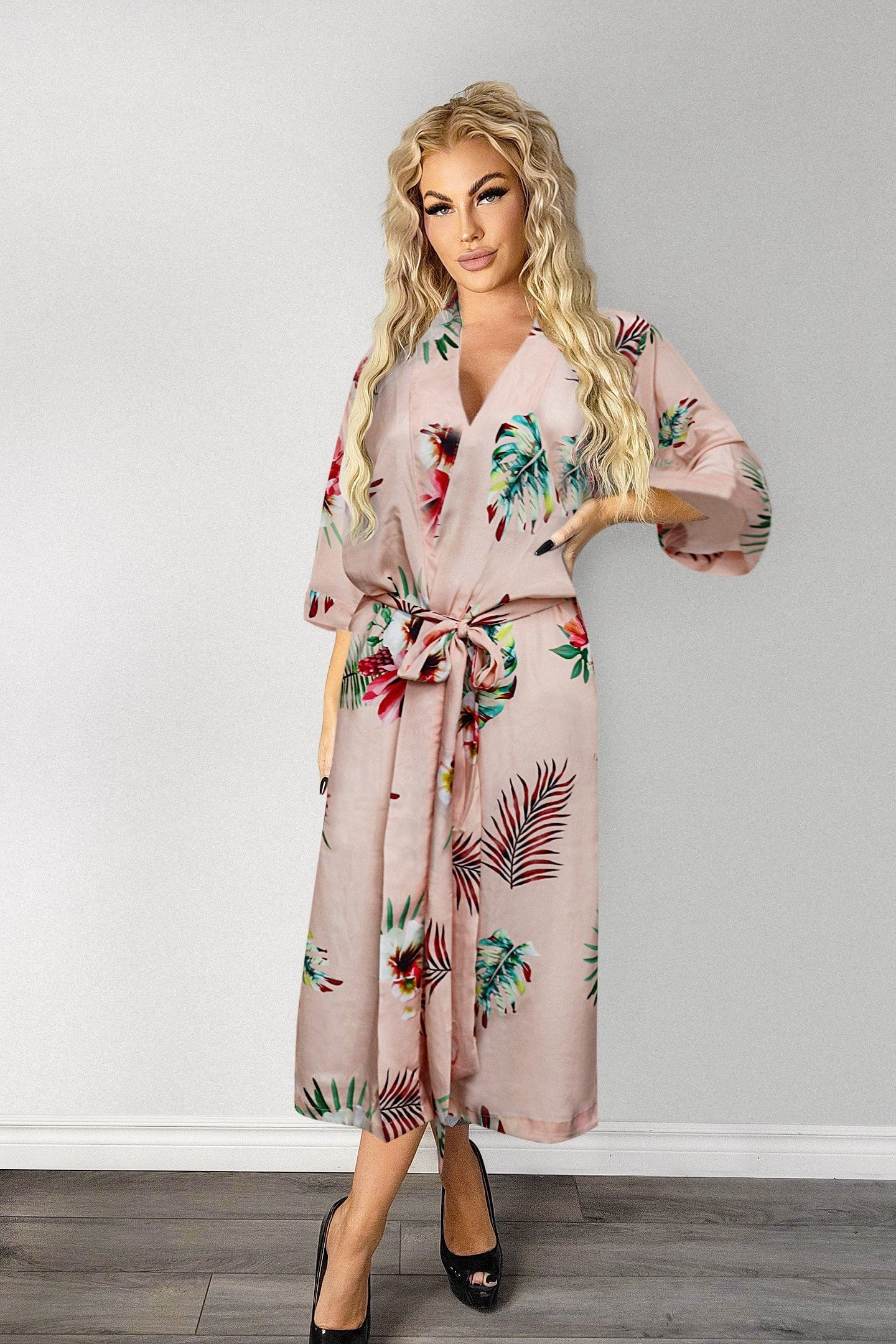 Ladies Sexy Peach Floral Printed Long Robe / Cover up Peach
