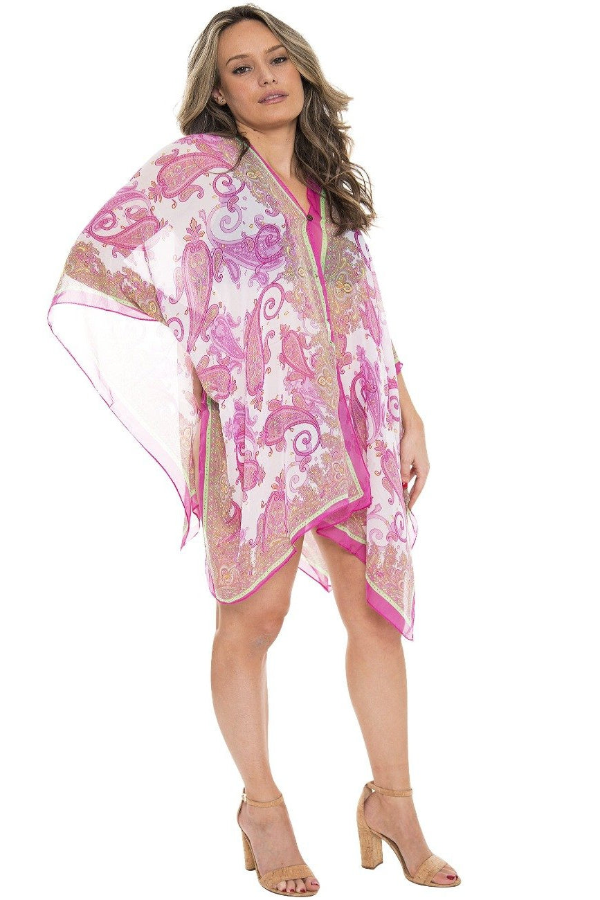 Ladies Printed Cover Up Pink Paisley Print with Boarder on it