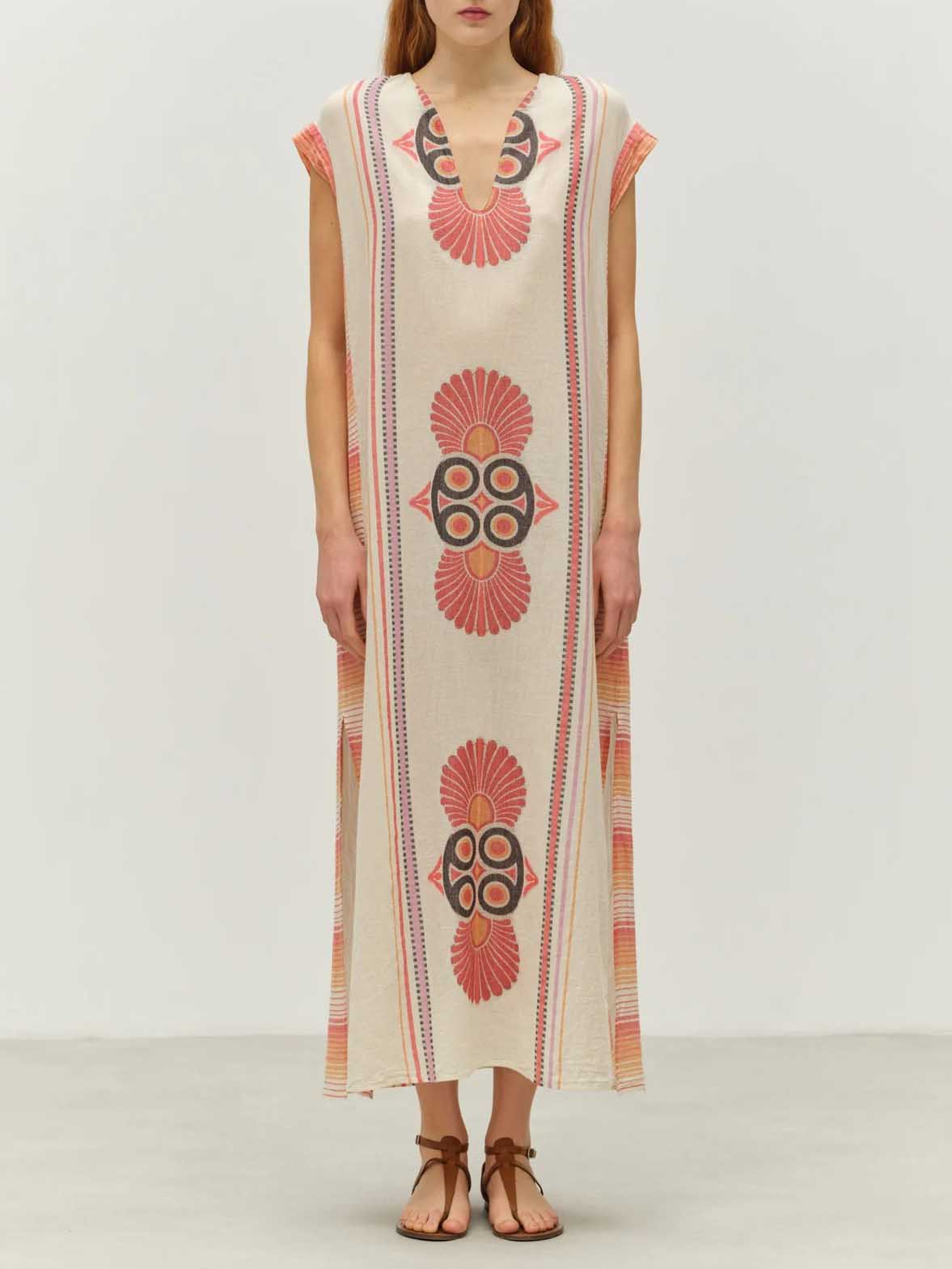 Retro Casual Ethnic Style Floral Print Slit Maxi Dress Apricot