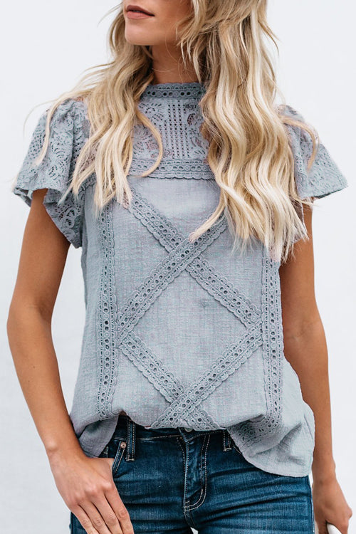 Not So Secret Lace Overlay Ruffle Top - 3 Colors Light Blue