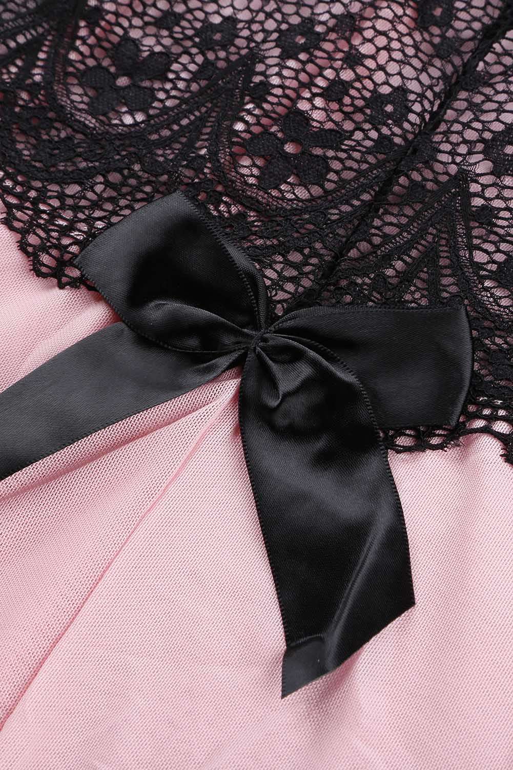Ladies Sexy Pink Pea Mesh Babydoll with Low Back Detail Lace Contrast