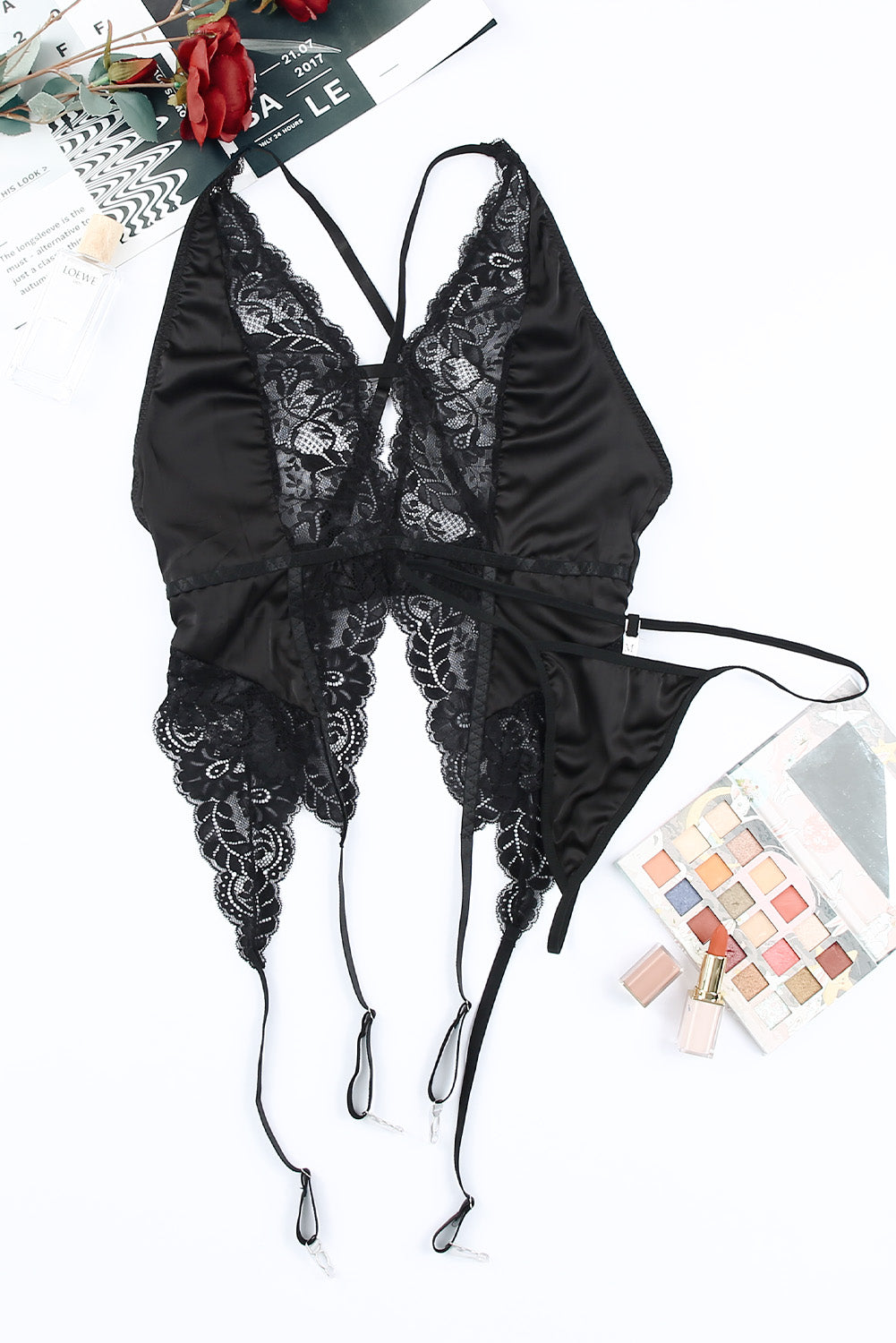 Ladies Sexy Black Laced Gartered Faux Corset with Deep Plunge Neckline