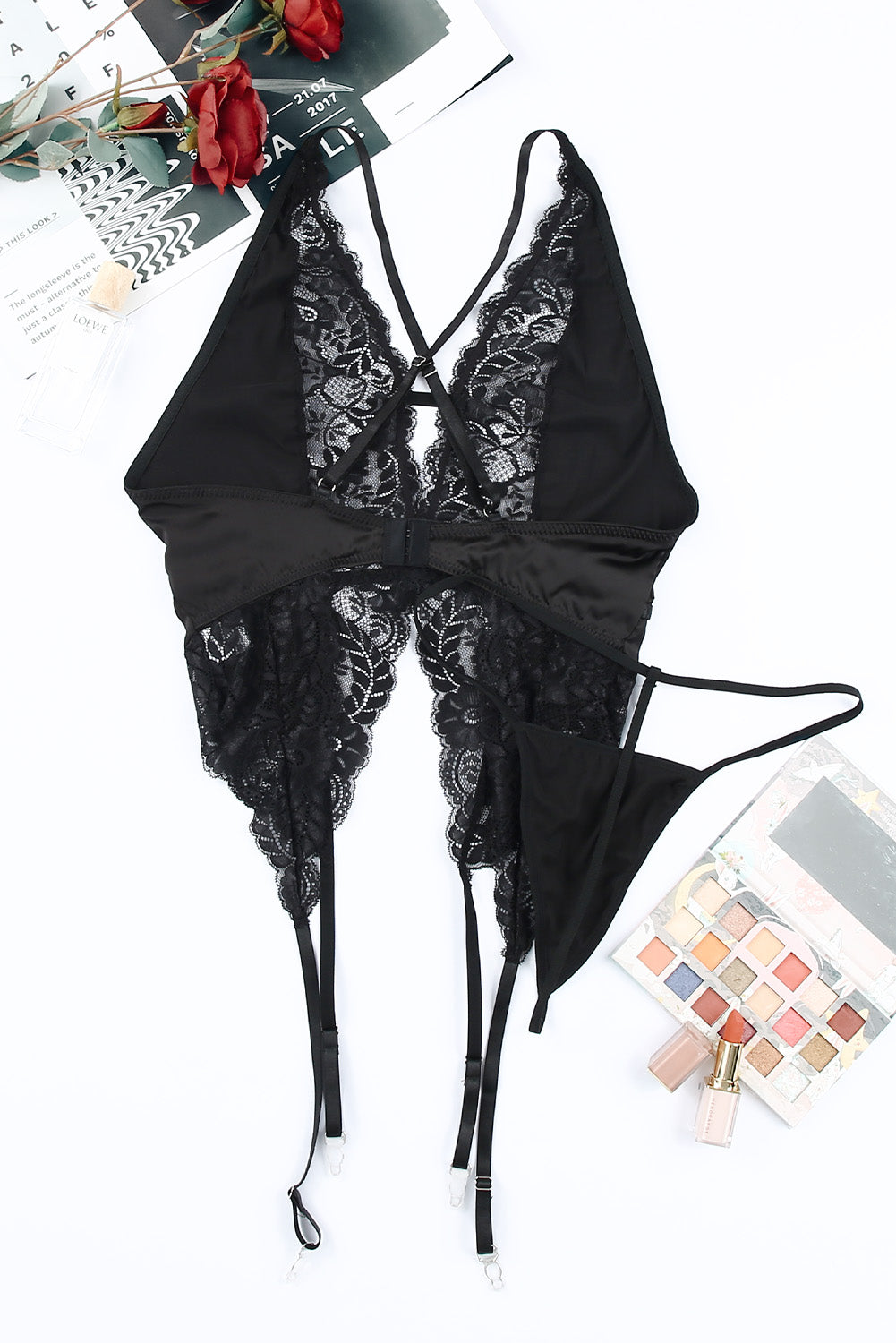 Ladies Sexy Black Laced Gartered Faux Corset with Deep Plunge Neckline