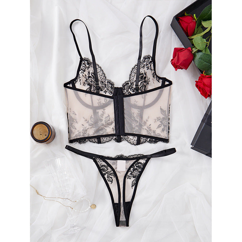 Ladies Sexy Nude/ Black Embroidery Sheer Corset w/ Matching Panty