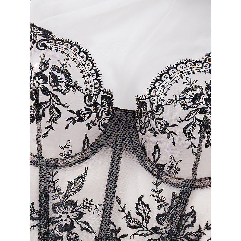 Ladies Sexy Nude/ Black Embroidery Sheer Corset w/ Matching Panty