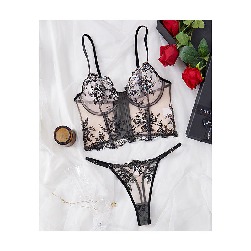 Ladies Sexy Nude/ Black Embroidery Sheer Corset w/ Matching Panty