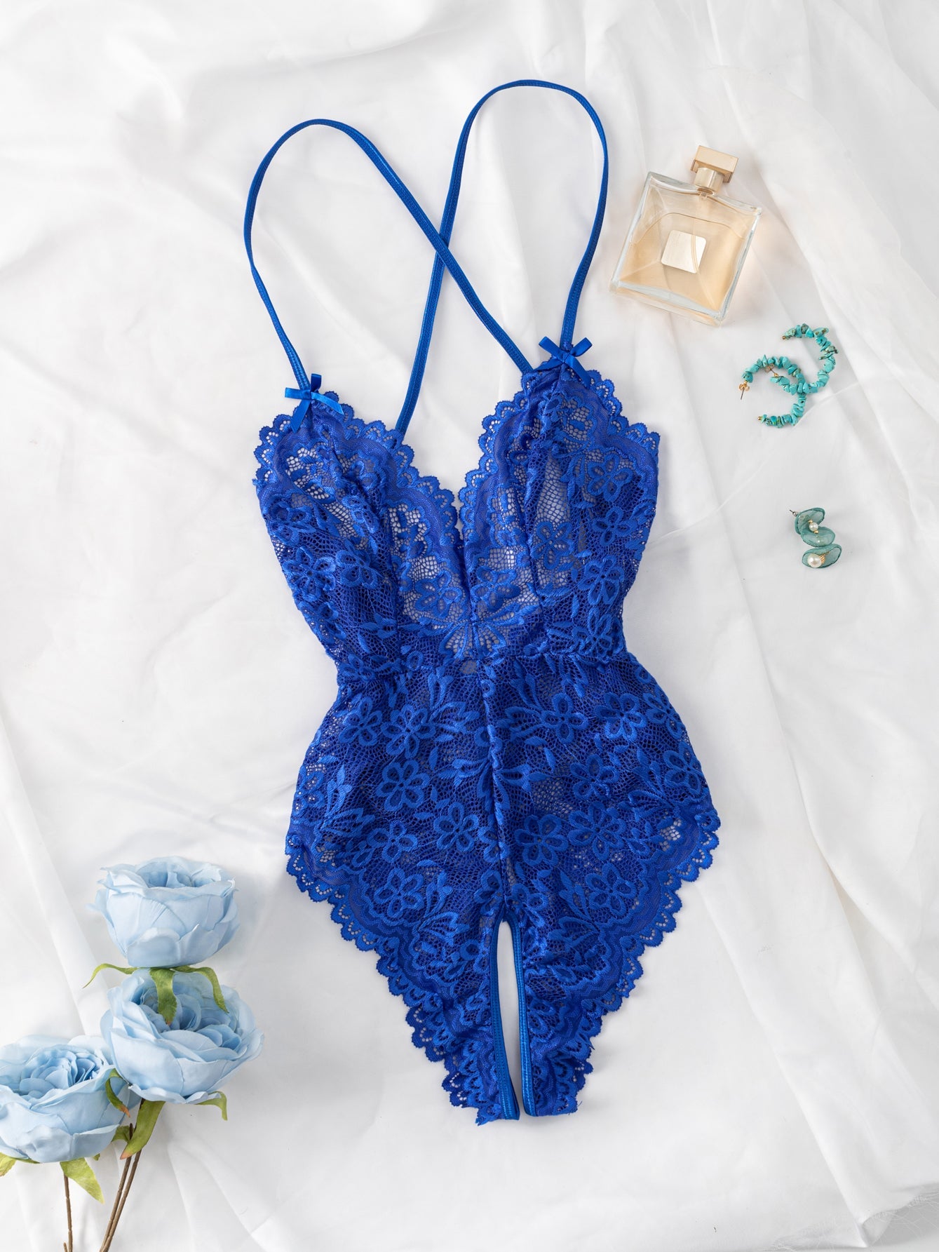 Ladies Sexy Royal Blue Crotchless Lace Teddy