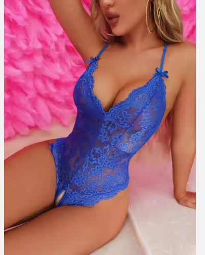 Ladies Sexy Royal Blue Crotchless Lace Teddy