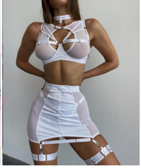 Ladies Black, Blue or White Sheer- Satin Set Bra with Skirt Silver Metal Buckle Detail w/ Panty White