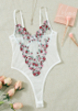 Ladies White Sheer Mesh Teddy/Bodysuit W/ Pink & Green Floral