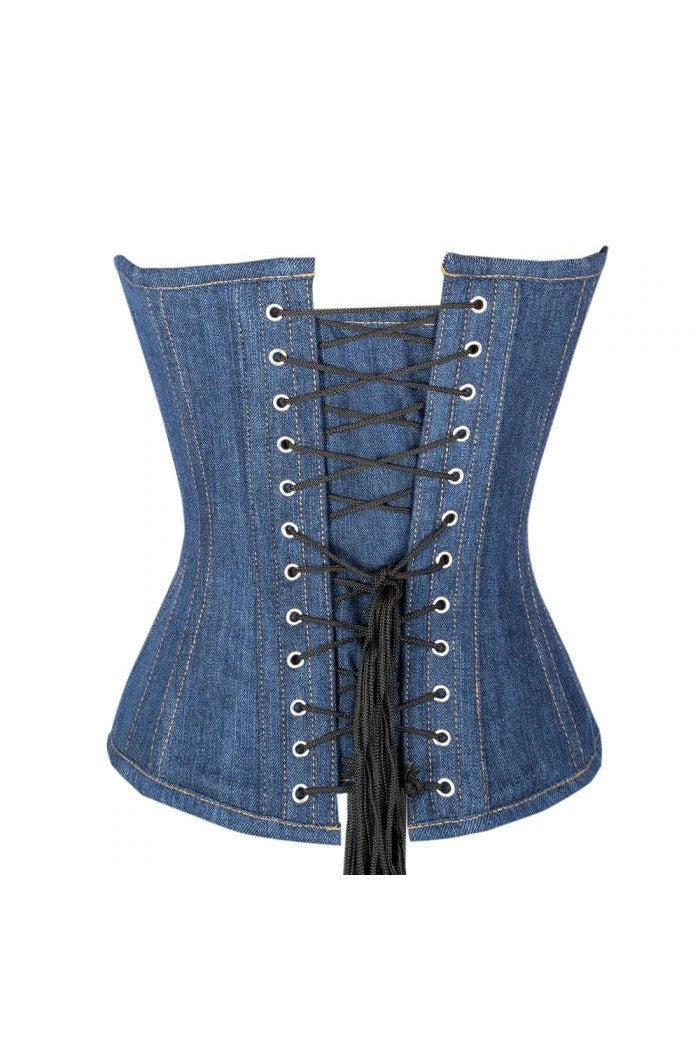 Ladies Sexy Denim Front Zip Wire Metal Corset Boning with Lace Up