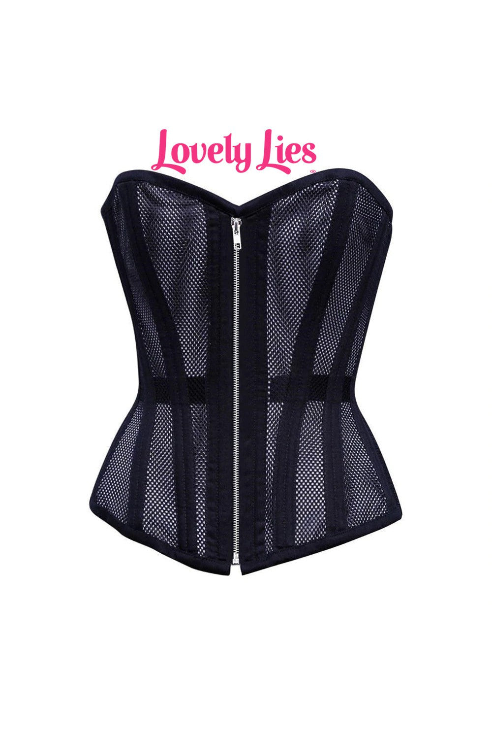 Sexy Ladies Mesh Strapless Front Zip Corset w/ Wire Metal Boning Black Or White Black