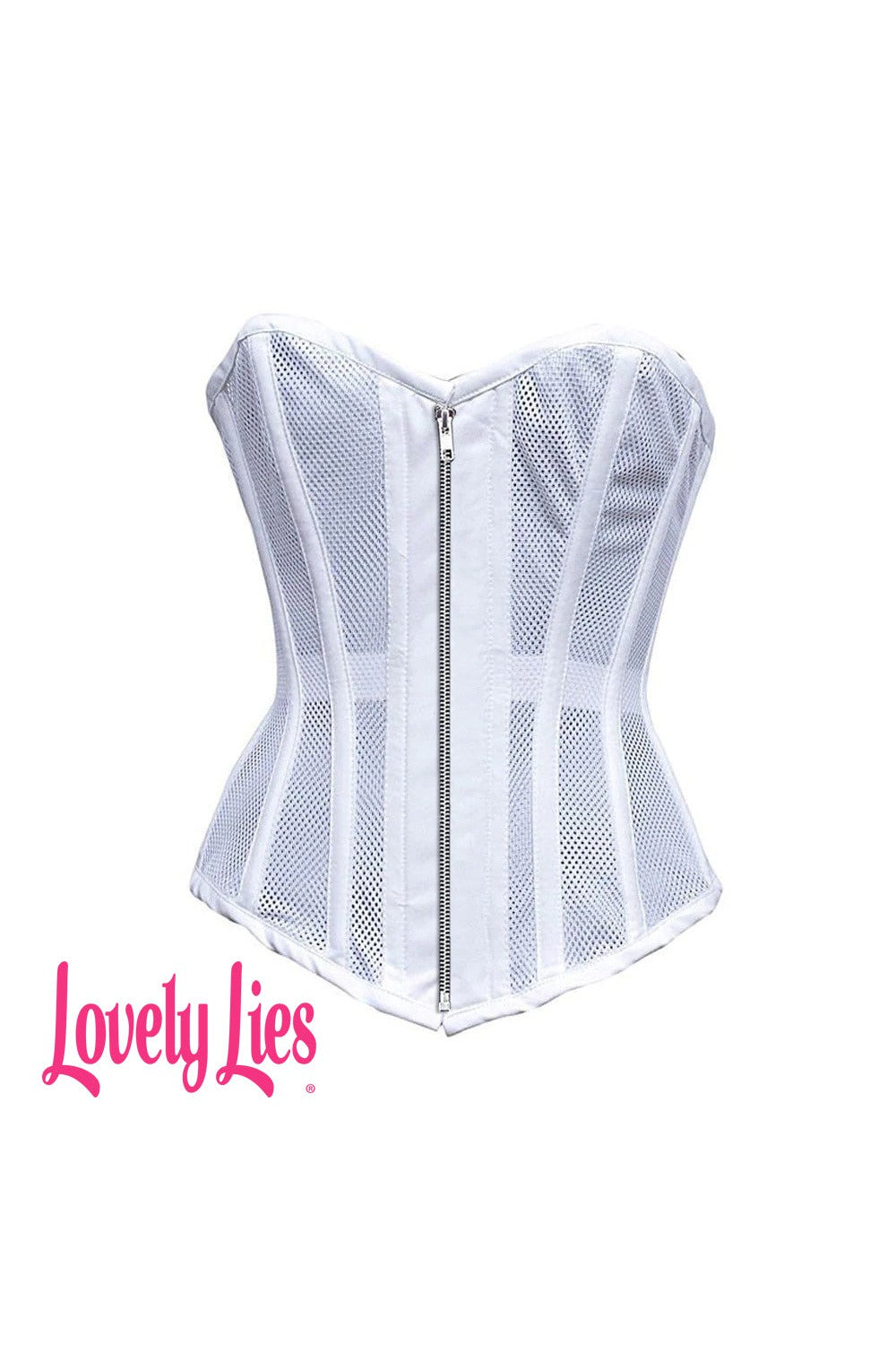 Sexy Ladies Mesh Strapless Front Zip Corset w/ Wire Metal Boning Black Or White White