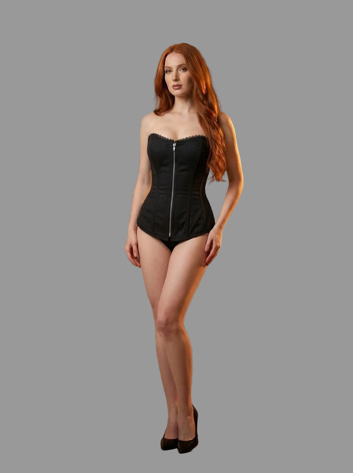Ladies Sexy Black Cotton Wire Metal Corset w/ Front Zipper Pique Trim Black