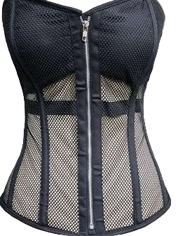 Ladies Sexy Black Fishnet Front Zip Wire Metal Corset with Lace Back Detail Black