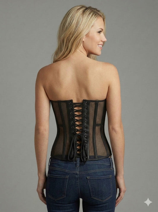 Ladies Sexy Black Fishnet Front Zip Wire Metal Corset with Lace Back Detail