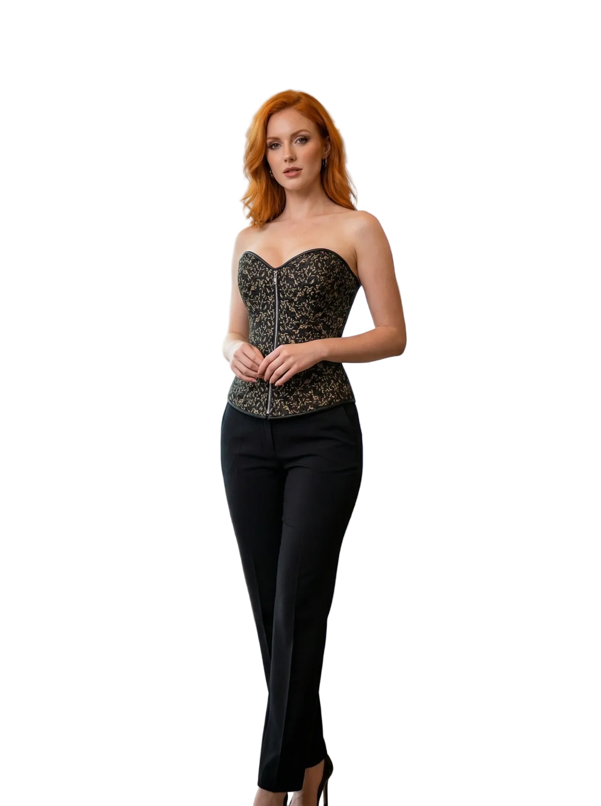 Ladies Black Brocade Wire Metal Corset with Front Zip and Back Tie up Black