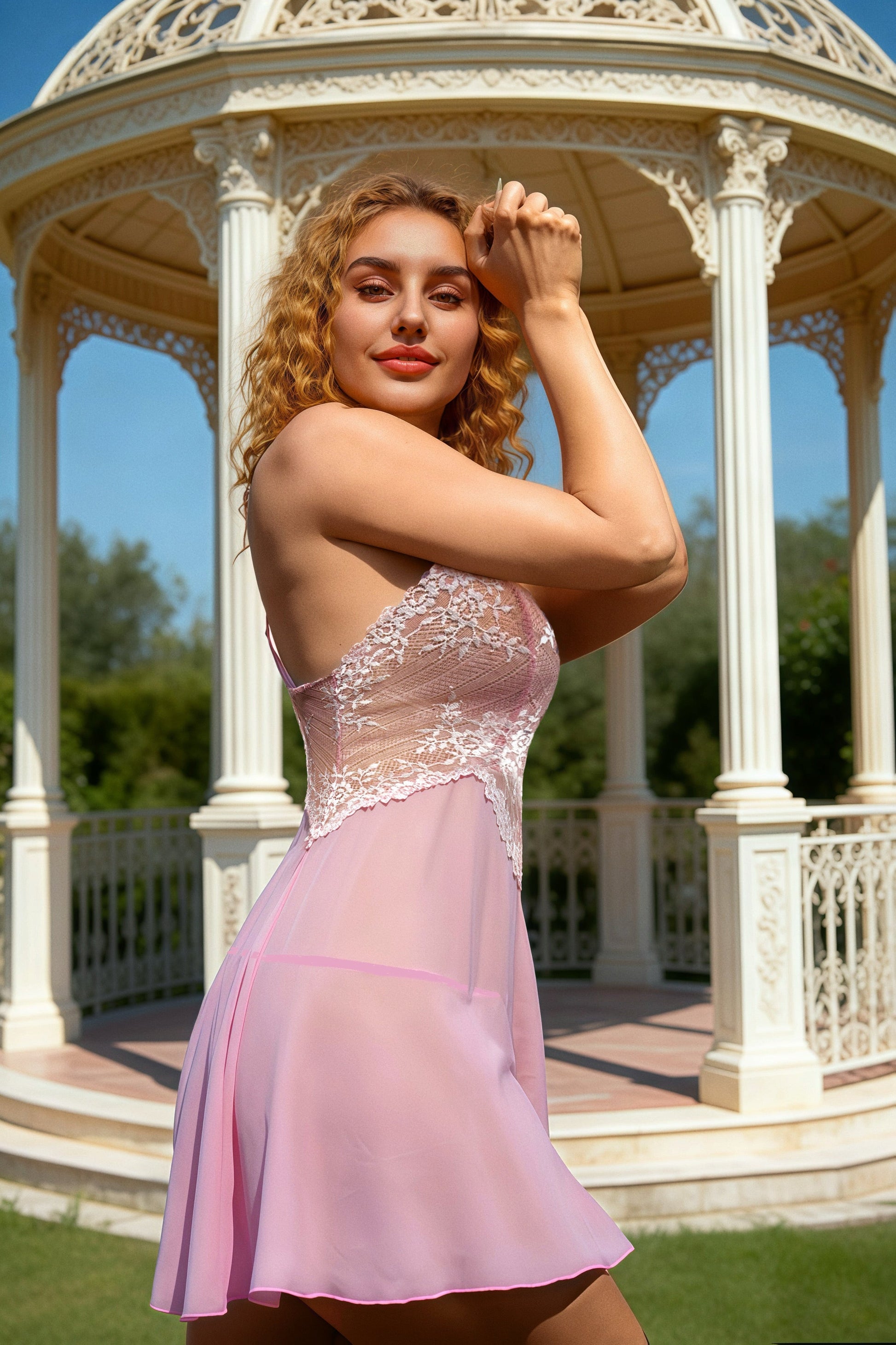 Ladies Sexy Pea Mesh Chemise with Crossed Dyed Lace in Black or Baby Pink