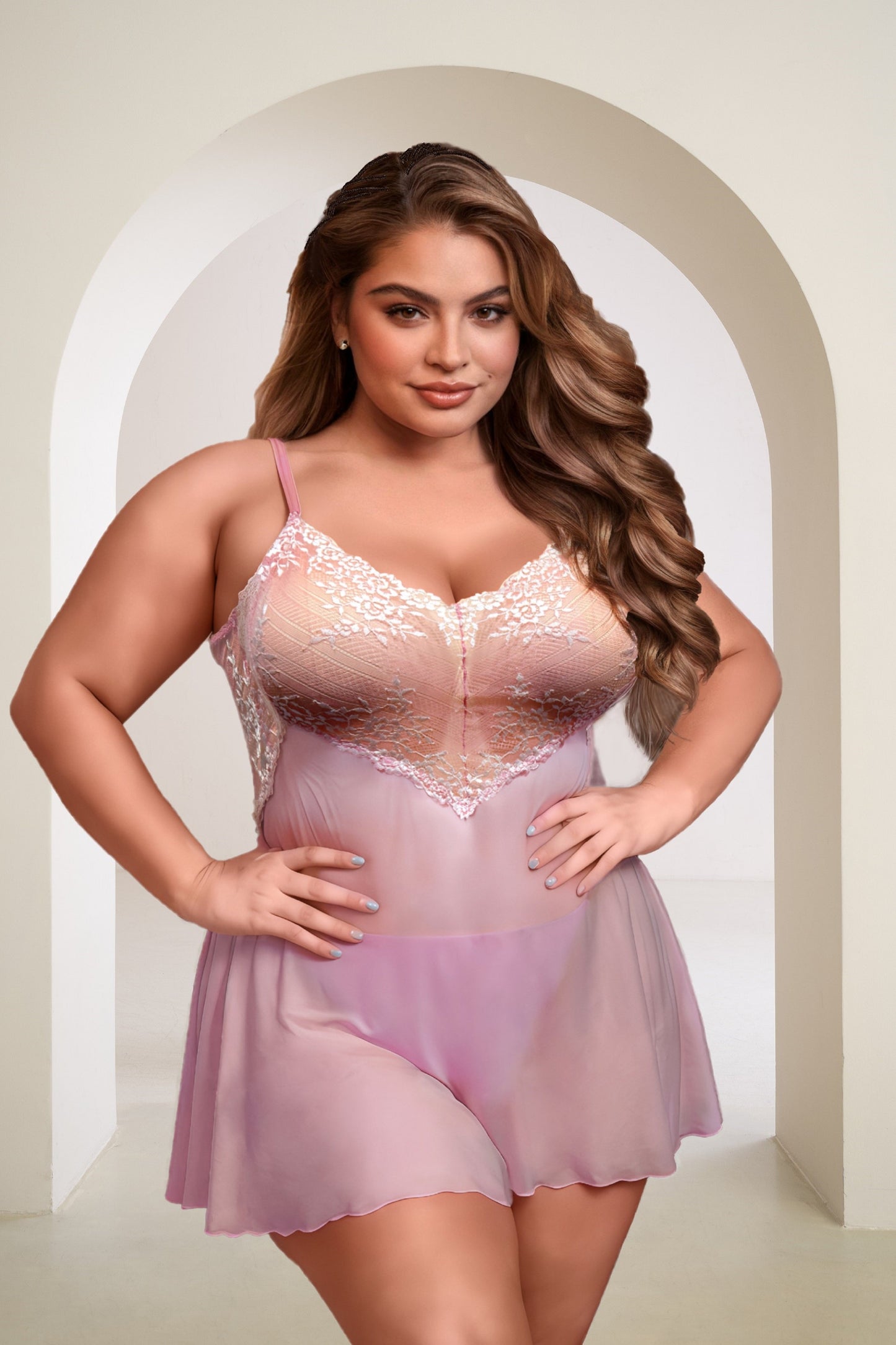 Ladies Sexy Pea Mesh Chemise with Crossed Dyed Lace in Black or Baby Pink