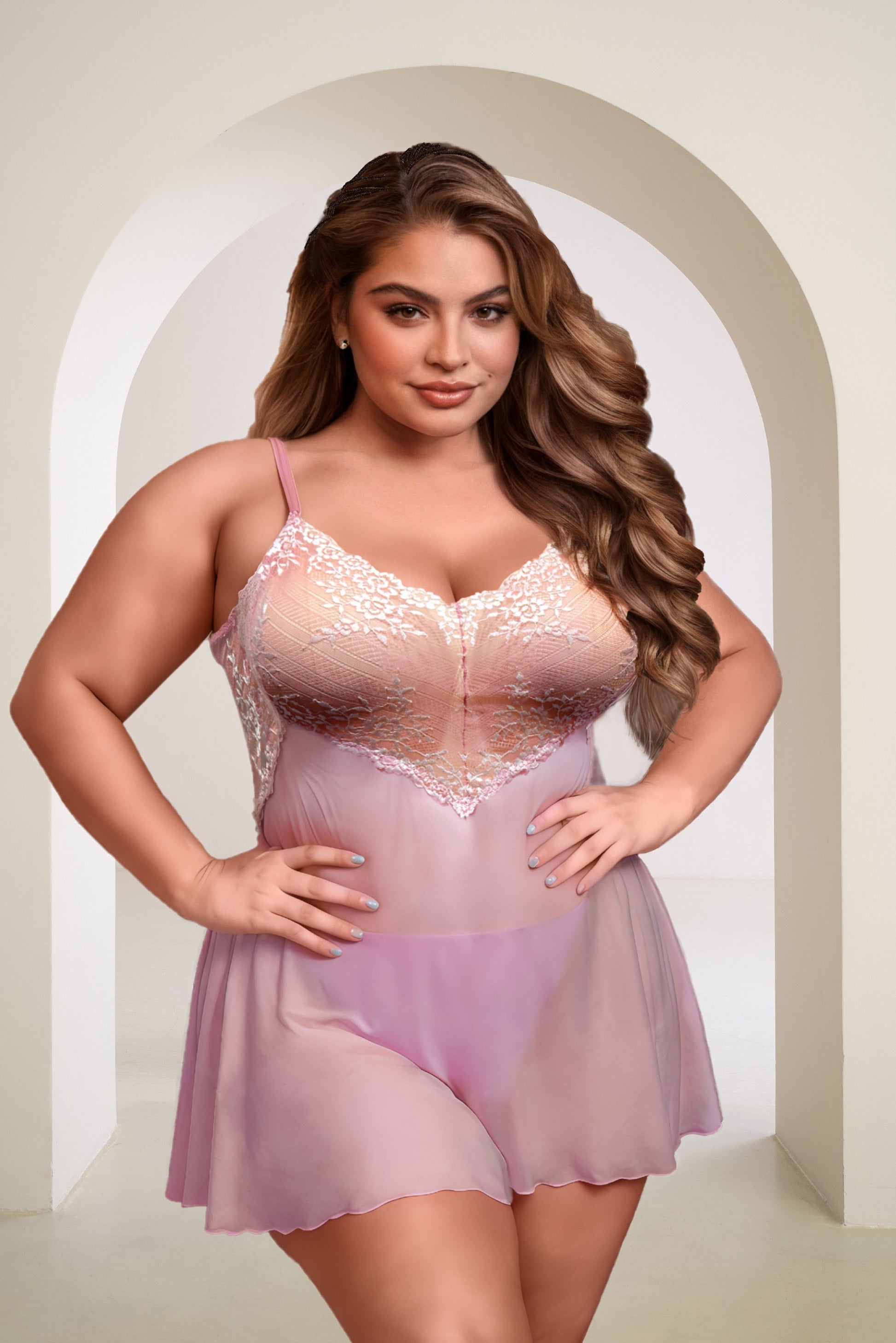Ladies Sexy Pea Mesh Chemise with Crossed Dyed Lace in Black or Baby Pink
