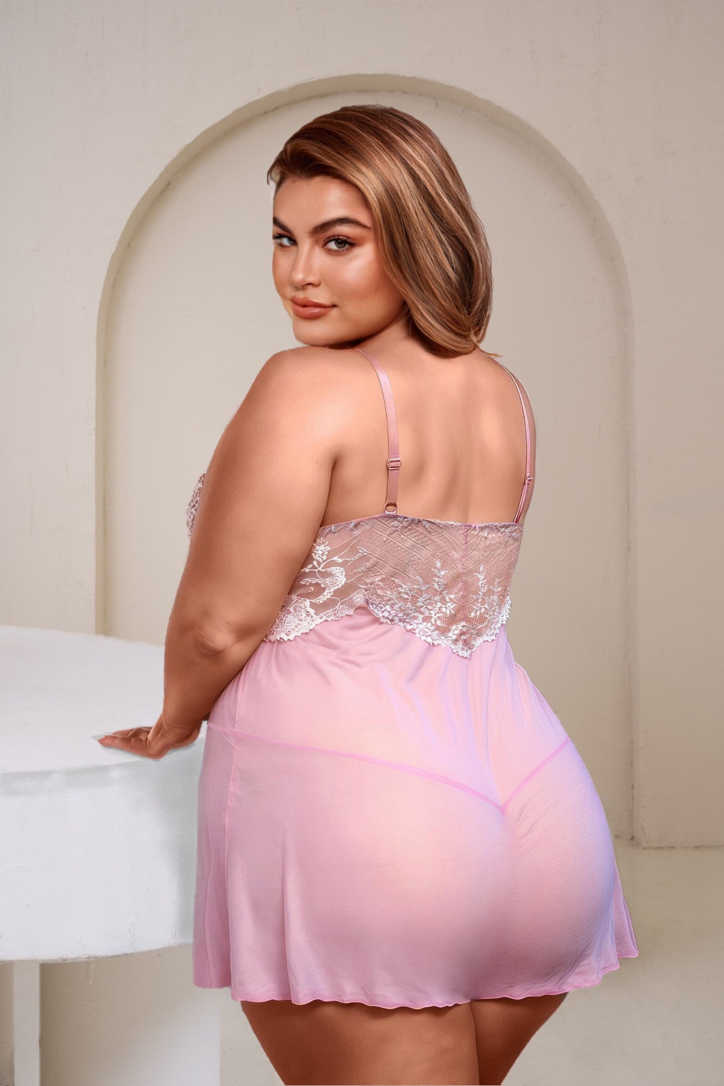 Ladies Sexy Pea Mesh Chemise with Crossed Dyed Lace in Black or Baby Pink