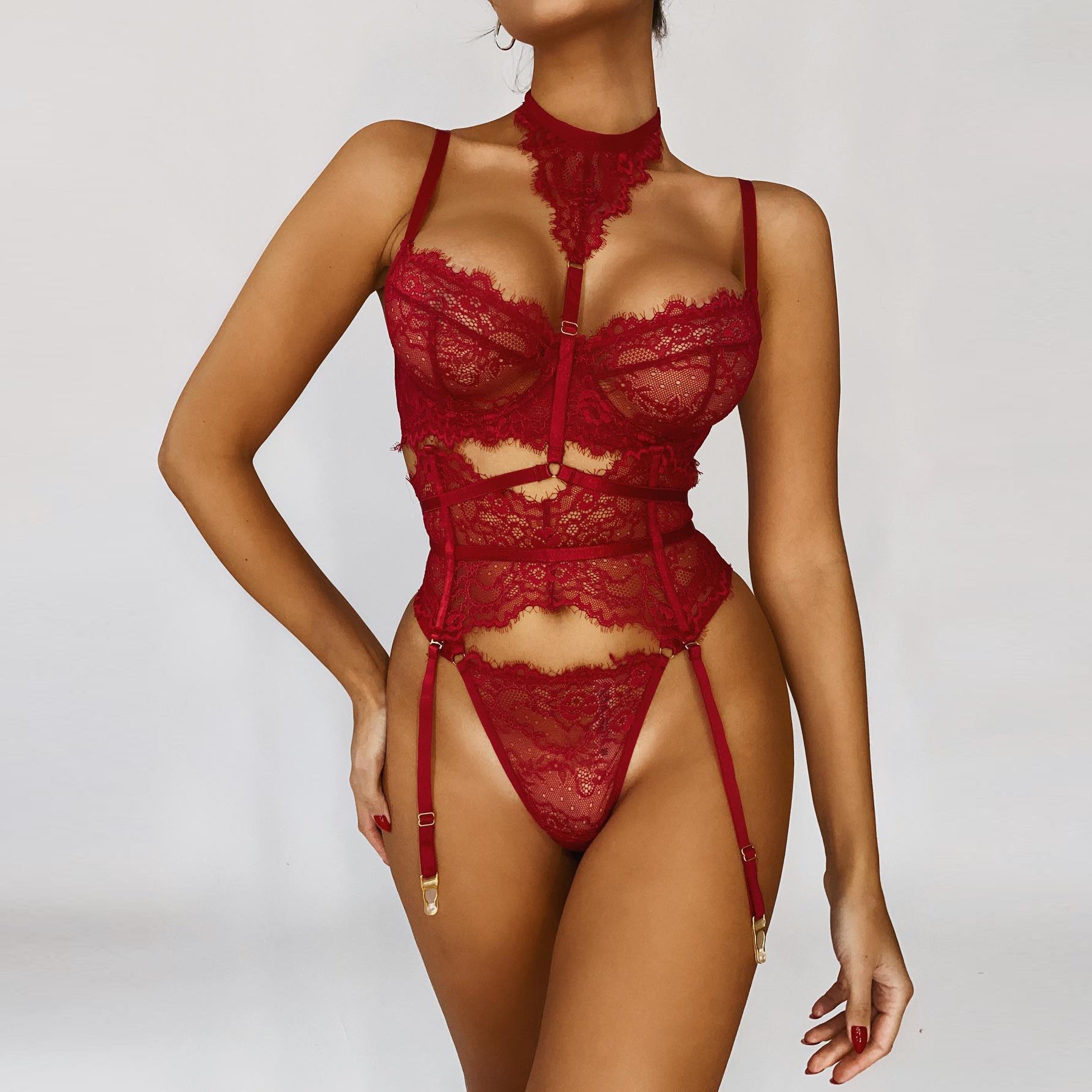 Sexy Eyelash Lace Bra Set with Garters, Matching Thong Burgundy