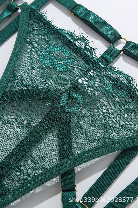 Sexy Eyelash Lace Bra Set with Garters, Matching Thong