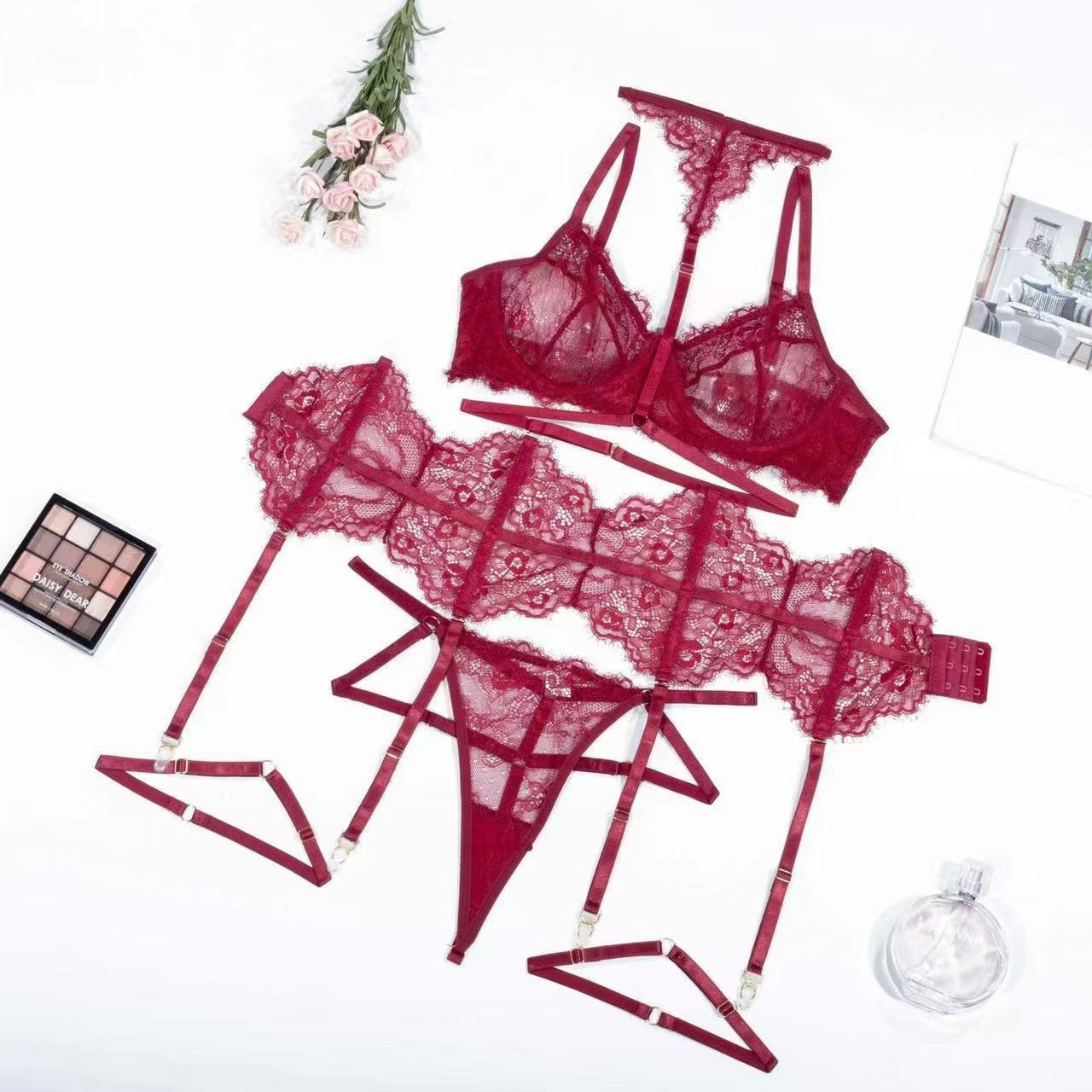 Sexy Eyelash Lace Bra Set with Garters, Matching Thong